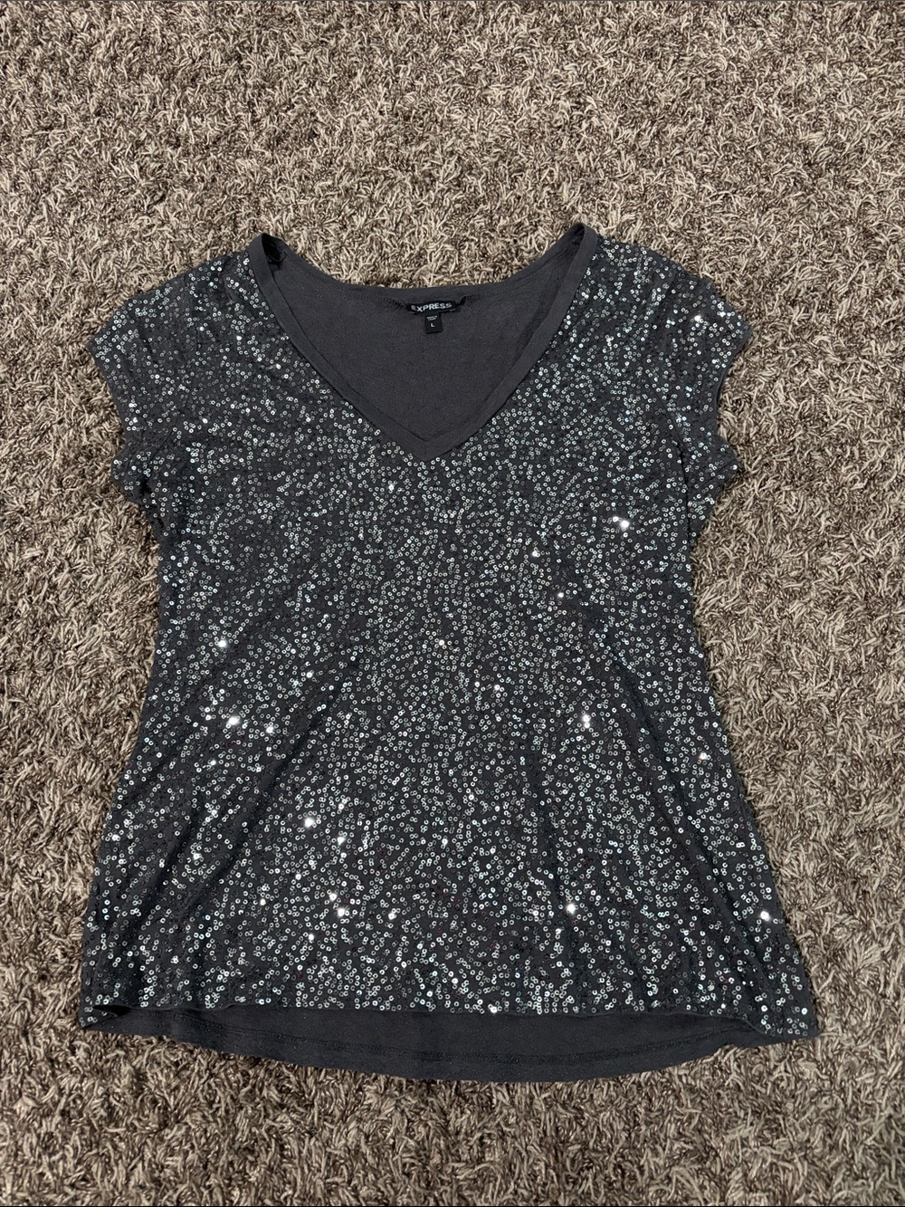Express Women's Black Sequin V-Neck Short Sleeve Top
